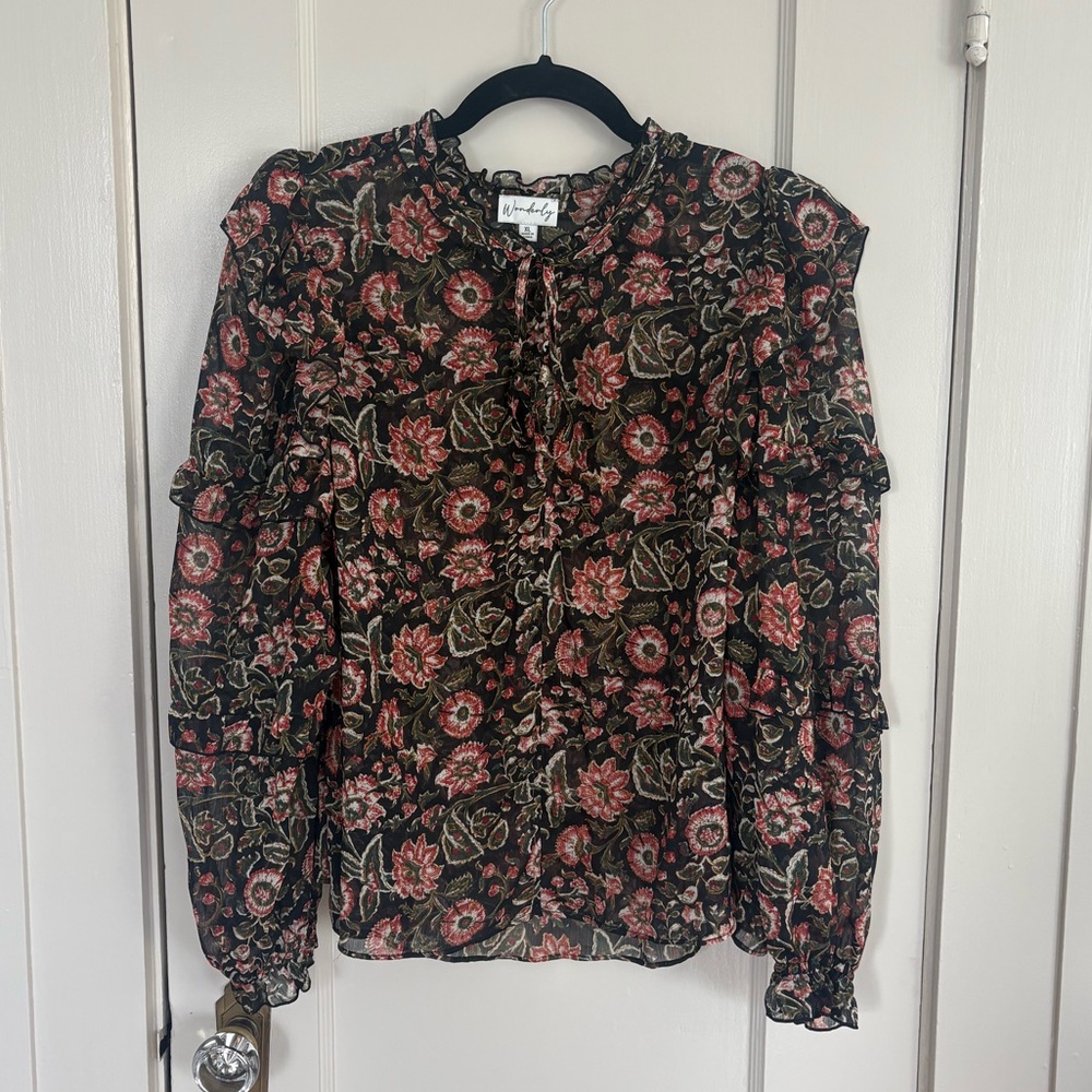 Wonderly Women’s Long Sleeve Ruffle Peasant Top XL True Black, Gently Worn